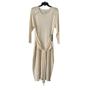 New York & Company Women's Cream Soft Knit Waist Tie Midi Sweater Dress Size L